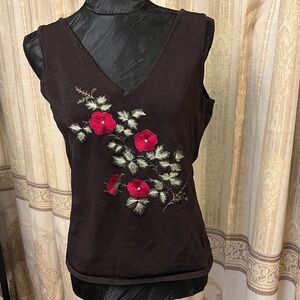 Floral Embroidered V-Neck Top - Brown and Red